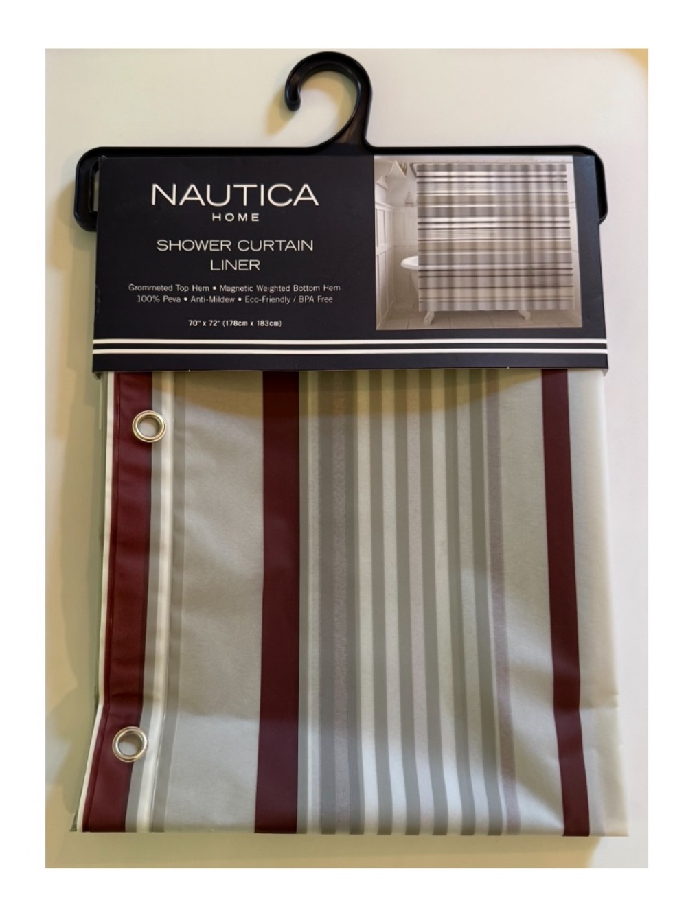 Nautica nwt Striped shower curtain liner Bath Panel in Gray and Burgundy 70 x 72
